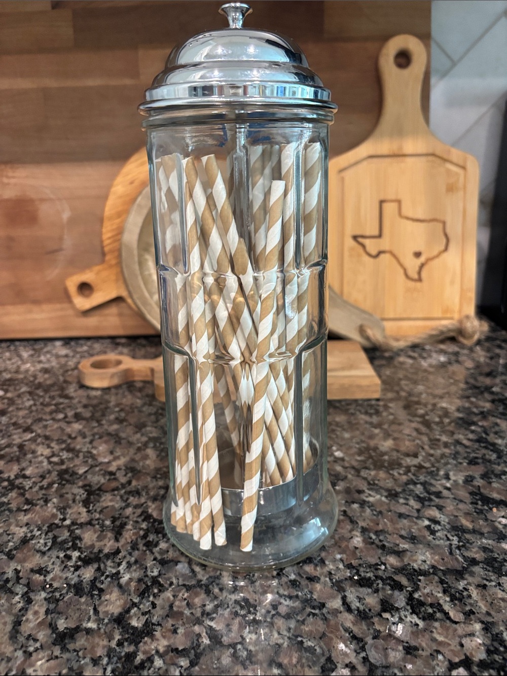 Vintage Glass Jar with Silver Lid Filled with Gold & White Striped Paper Straws